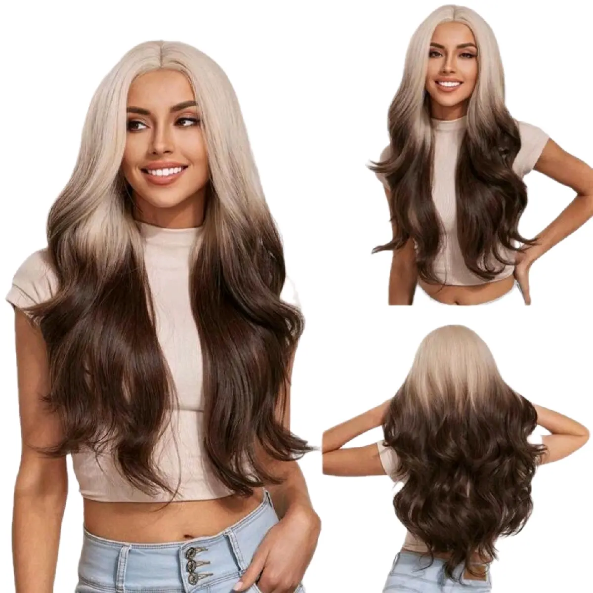 Wig Synthetic Ombre Brown Blonde 4*1 Long for Women Daily Party Cosplay Halloween Heat Resistant Fiber