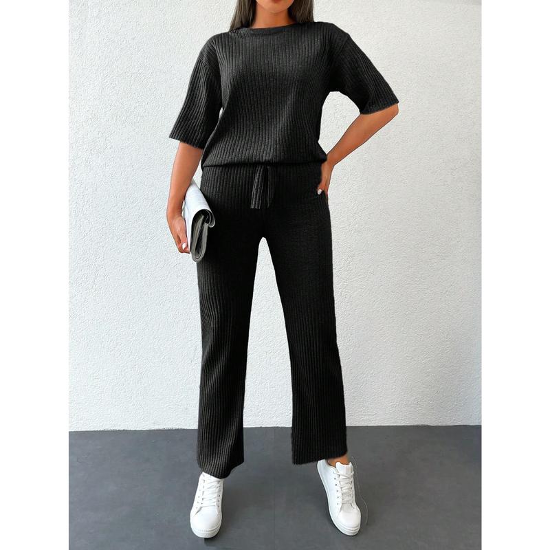 Women's BottomsSolid Drop Shoulder Tee & Trousers[S12] womens  trousers baggy  pants  women going  out  jeans summer  denim wide  leg  stretch jersey paper  waist jaded london  melona  skirt hot ruffle  shorts 2