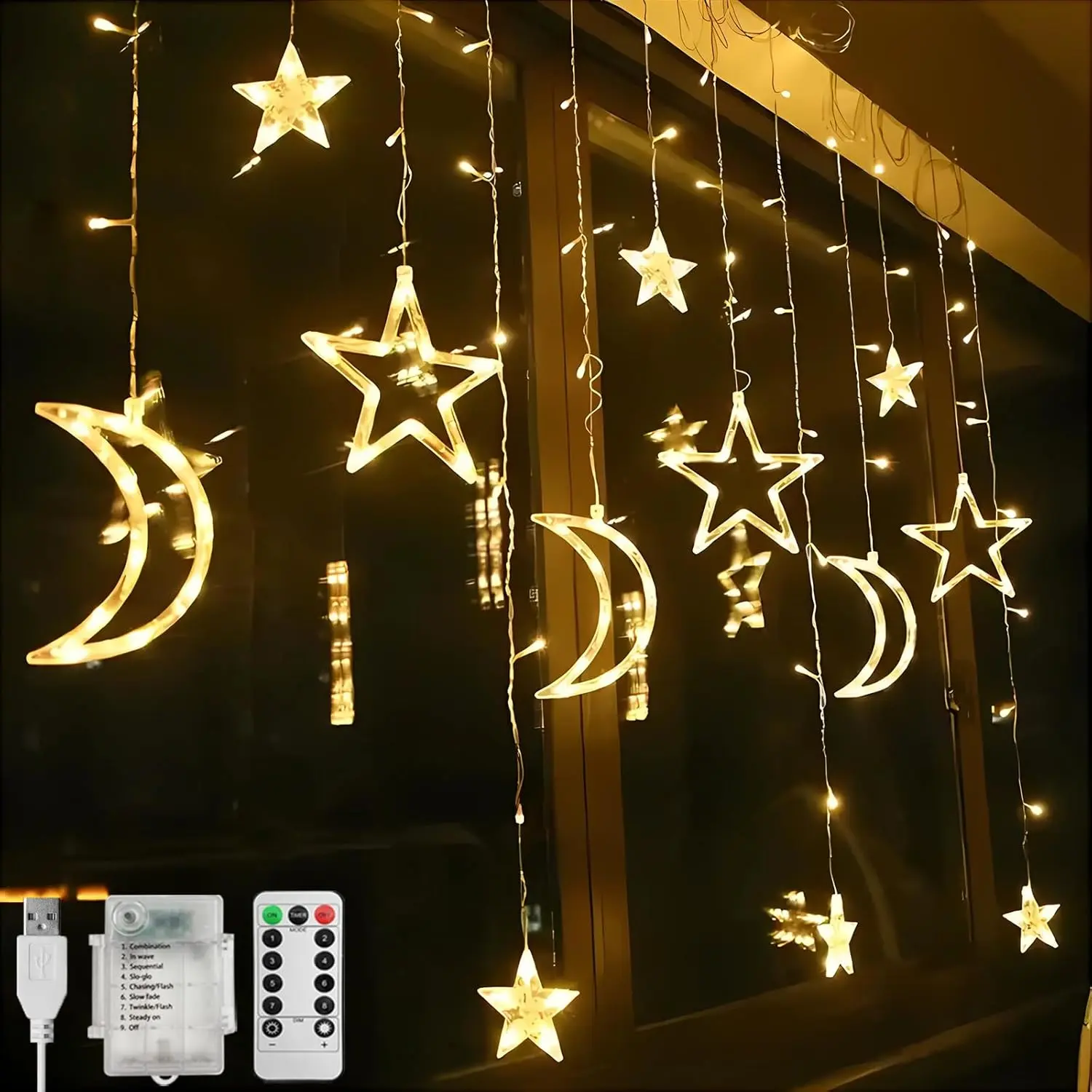 Ramadan Window Lights Decorations for Home, 3.5M Star Moon Curtain Lights Outdoor, 138 LED Fairy String Lights, USB+Battery Operated 8 Modes (Warm White) Ornaments