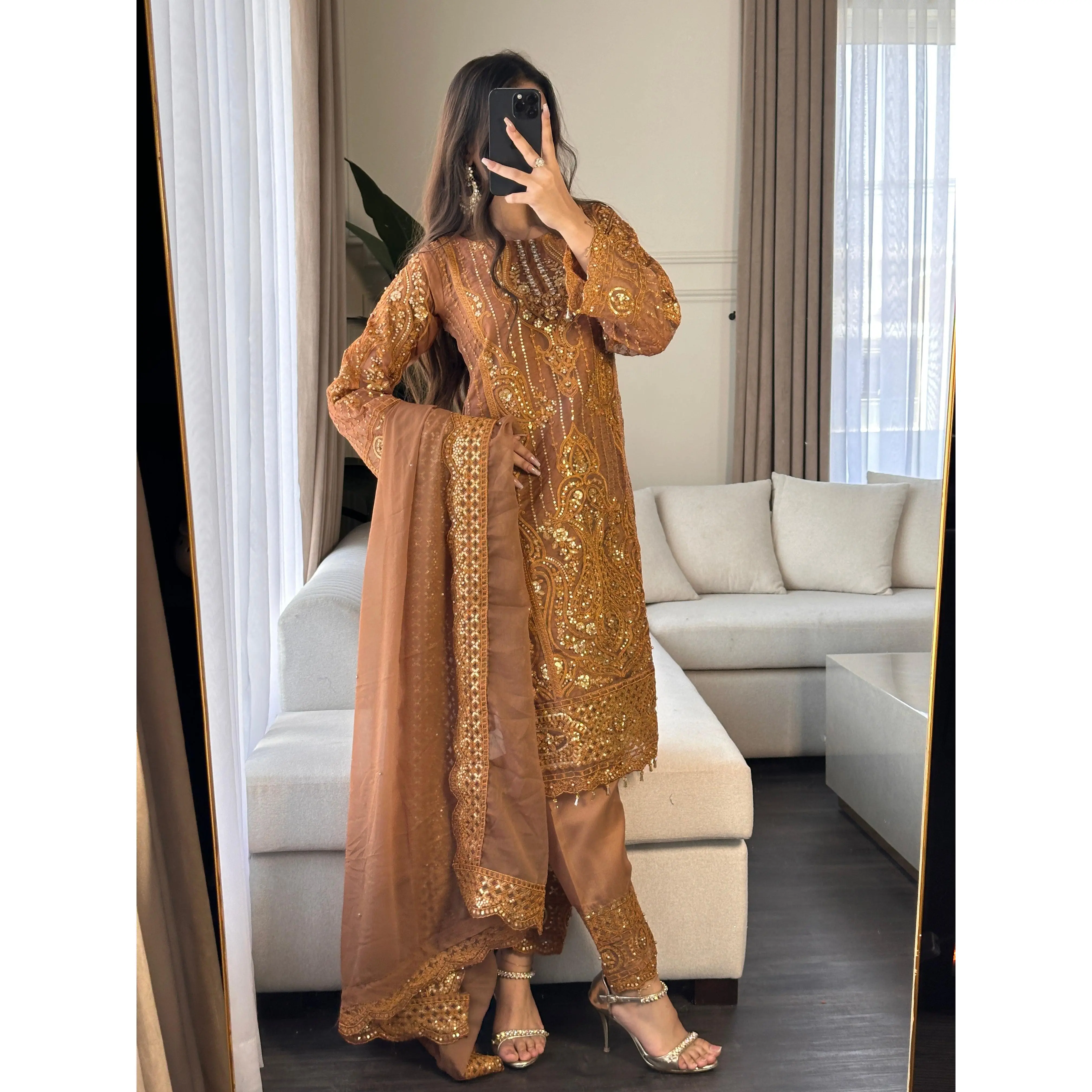 3pc NUDE Embroidered  Chiffon Shalwar Kameez with Net dupatta Stitched Suit Ready to wear HW-DT83D