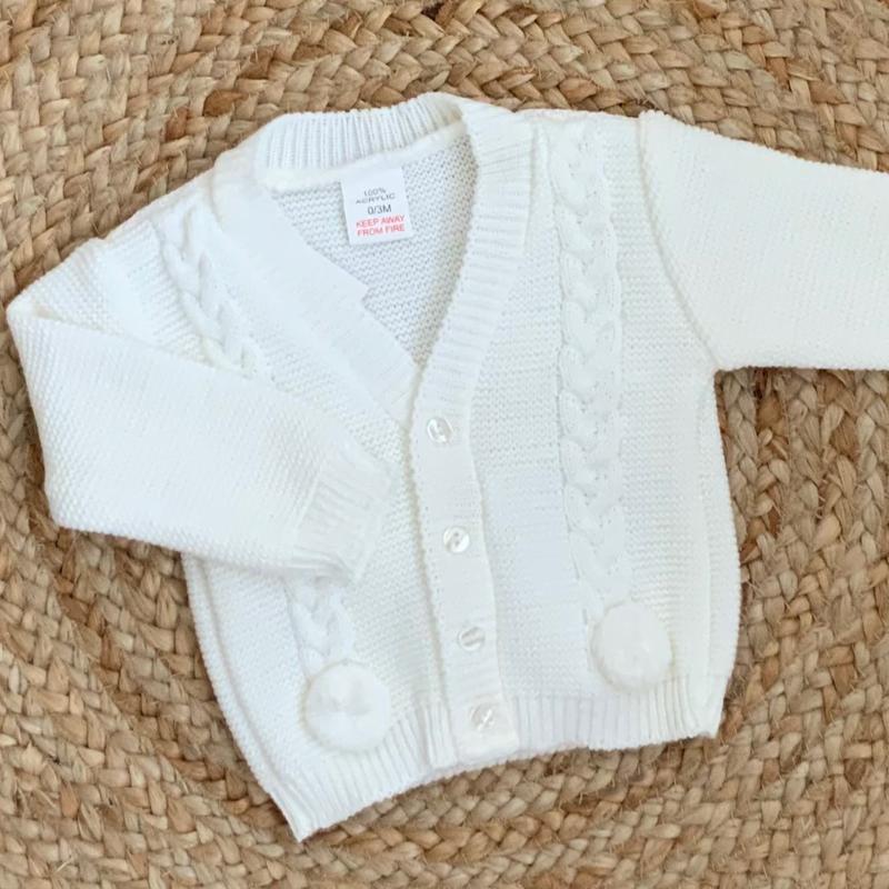 RILEY BABY BOYS CABLE KNIT POM POM CARDIGAN WHITE BEIGE NAVY BABY BLUE GREY 5