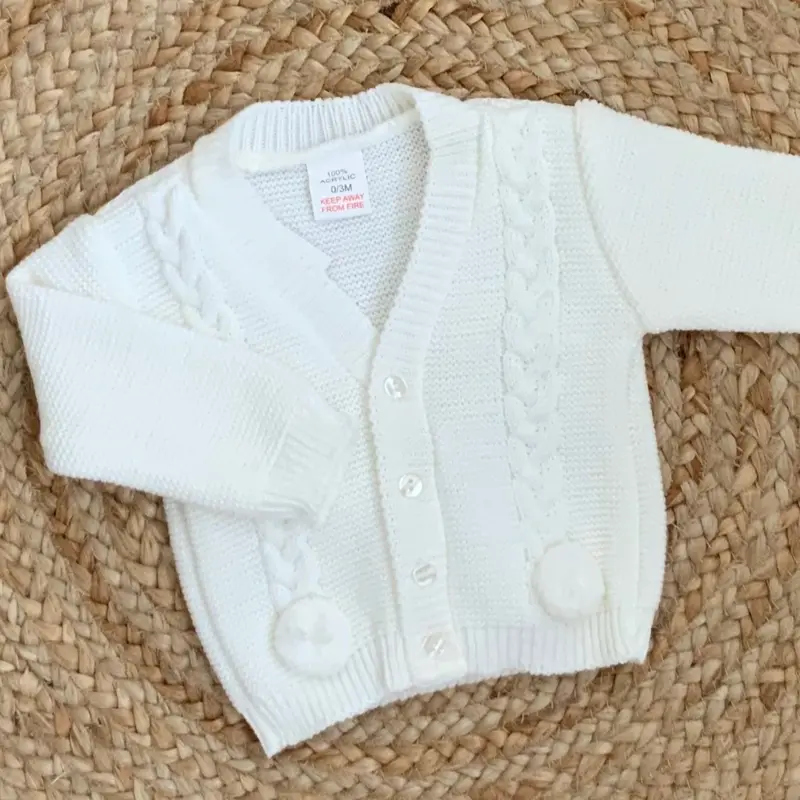 RILEY BABY BOYS CABLE KNIT POM POM CARDIGAN WHITE BEIGE NAVY BABY BLUE GREY 5
