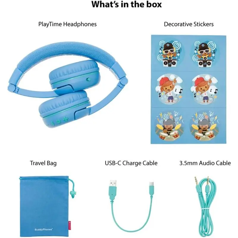 All-New, Made for BuddyPhones PlayTime Volume-limiting Bluetooth Child Headphones Age (3-7), Blue Drop 2