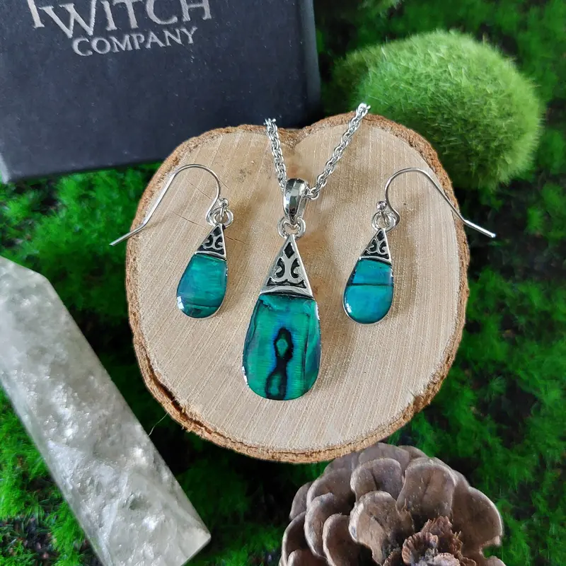 Emerald Green Abalone Shell Teardrop Earring & Pendant Set 2