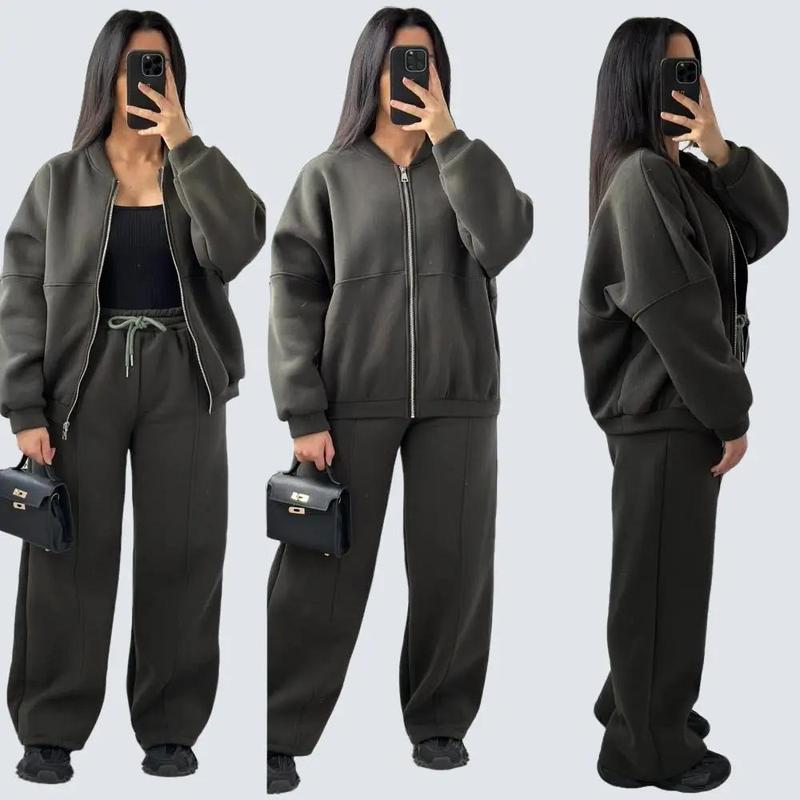 Women's Fleece Lined Oversized Zip Up Bomber Jacket And Pleated Straight Leg Pants Joggers Drawstring Trousers Two Piece Co-Ord Lounge Jogging Tracksuit Set Ladies Oversize Comfy Loungewear Womenswear Everyday Overall 4