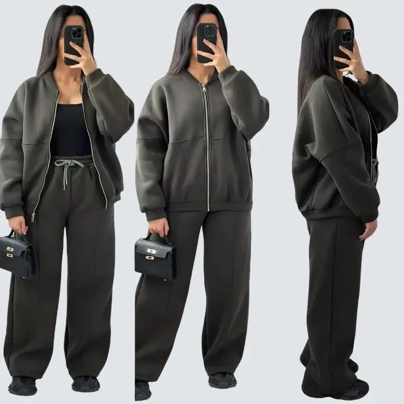 Women's Fleece Lined Oversized Zip Up Bomber Jacket And Pleated Straight Leg Pants Joggers Drawstring Trousers Two Piece Co-Ord Lounge Jogging Tracksuit Set Ladies Oversize Comfy Loungewear Womenswear Everyday Overall 4