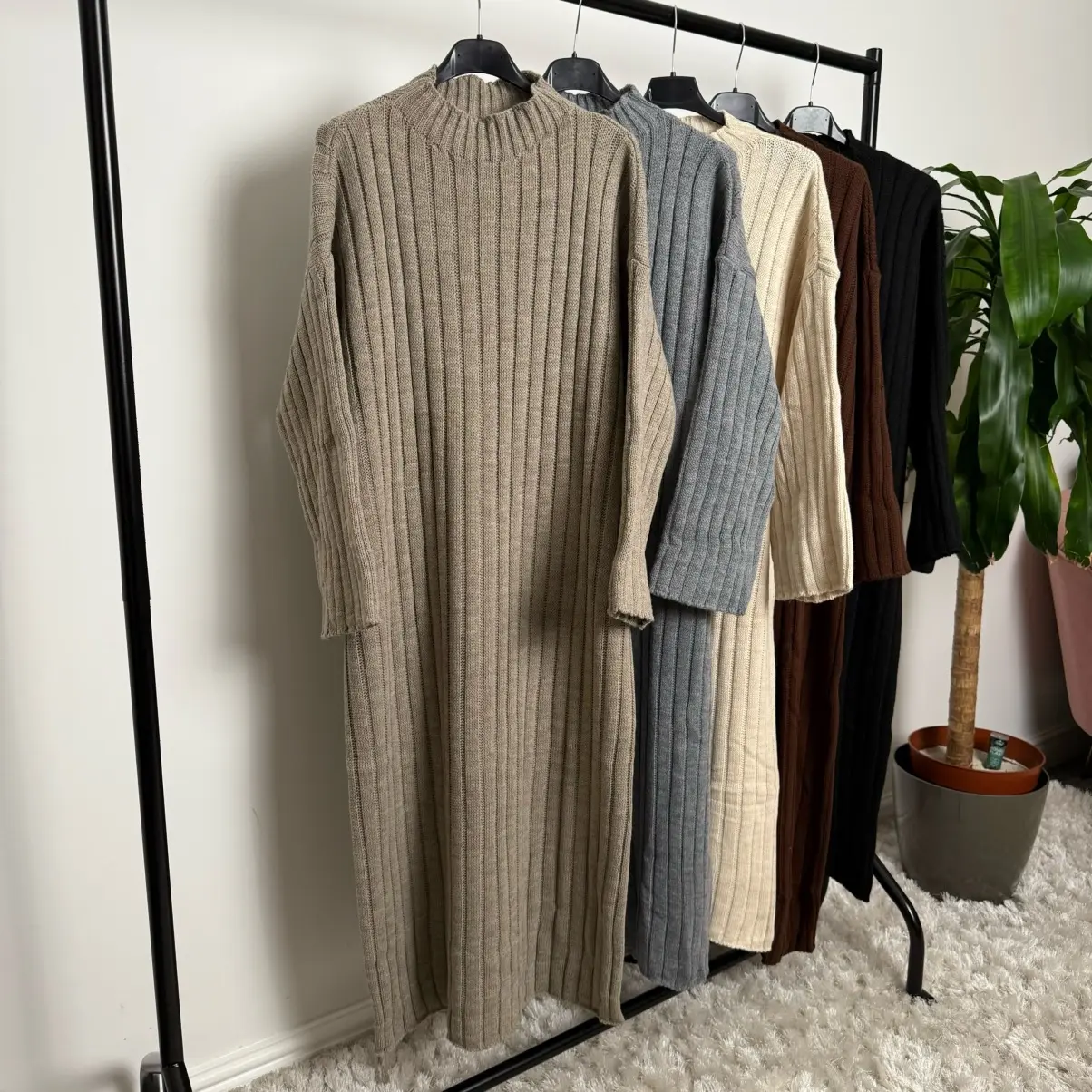 Women’s High Neck Wide Rib Knitwear Dress Chunky Rib 48 inch Length