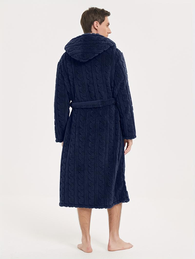 Product Introduction of Men's Comfy Solid Fleece Robe Home Hooded Pajamas Wear With Pocket & Hair Dry Hat, One-piece Lace Up Kimono Night-robe Warm Sets After Bath 7