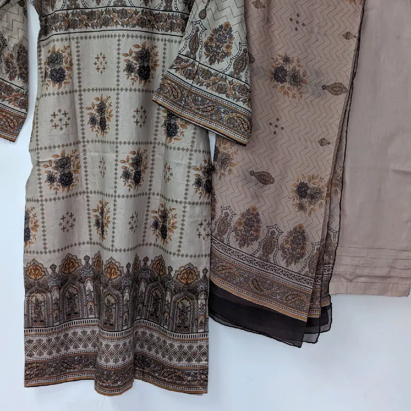 Beautiful Lawn Embroidery 3pc Suit, Baige, with Chiffon Scarf and trouser. Comfort Womenswear Overalls 3