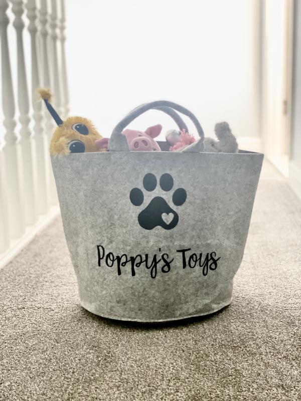 Personalised Dog Toy Basket Organiser - Felt - Grey or Beige Sand - Toy Box - Add your pet's name Gift 9