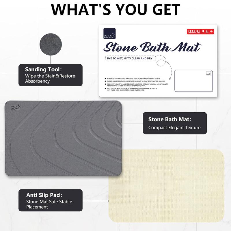 Stone Bath Mat Diatomaceous Earth Bathroom Shower Wudu Floor Mat Non-Slip Super Absorbent Quick Dry Floor Kitchen Anti Mould Antibacterial Natural Easy to Clean 60x39cm 5
