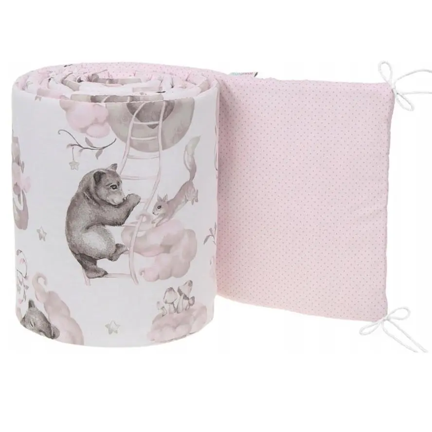 Padded Bumper 180cm fit Cot 120x60cm 100% Cotton Baby Nursery Pink Bears/Dots Pink
