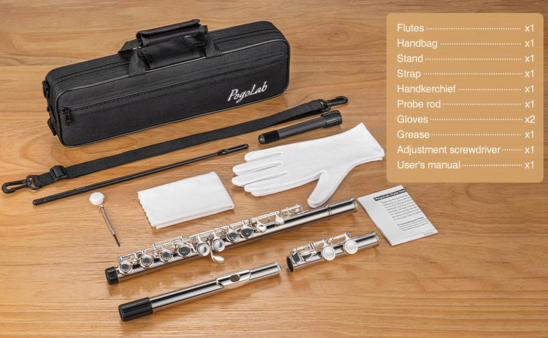 Product Introduction of POGOLAB Flute, Closed-Hole C Flute 16 Keys, Student Flute with Split E & Offset-G, with Flute Case/Flute Cleaning Kit/Probe Rod/Gloves/Grease, Nickel Flute for School Band Practice 19