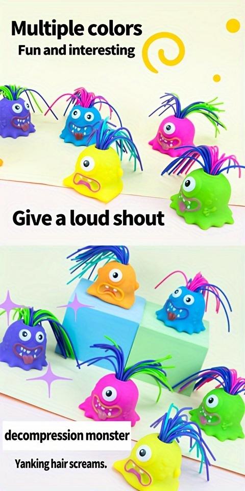 Product Introduction of 1pc Funny Prank Toy, Pull Hair Plush Toy that Screams Loudly, Multiple Sounds, Plastic Material, Random Color (Green, Orange, Pink, Yellow, Purple, Blue), with Back to School, New Semester, Ramadan Mubarak, Easter for Relieving Stress and Novelty Toy 1