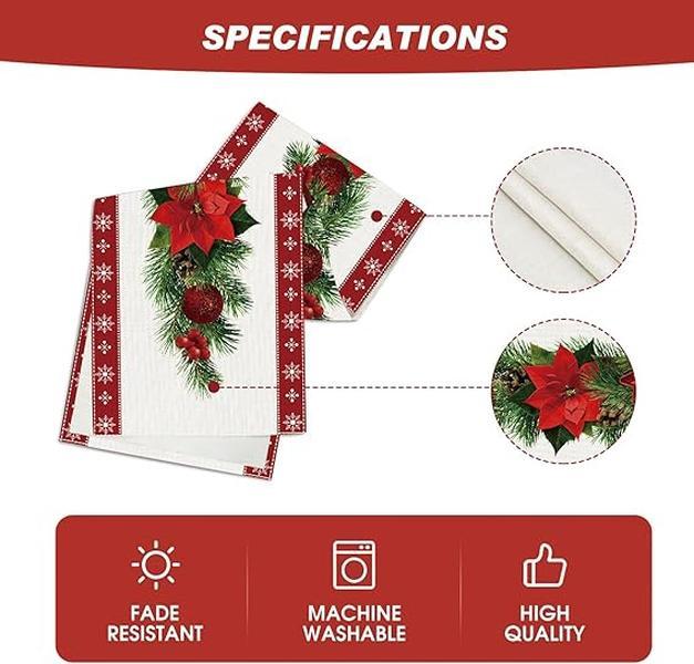 Red Christmas Table Runner 183 x 33cm, Christmas Table Runner Safflower, Red Linen Table Runner with Red Flower Christmas Tree Bells Print Table Runner for Xmas Santa Table Centrepiece Decorations 2