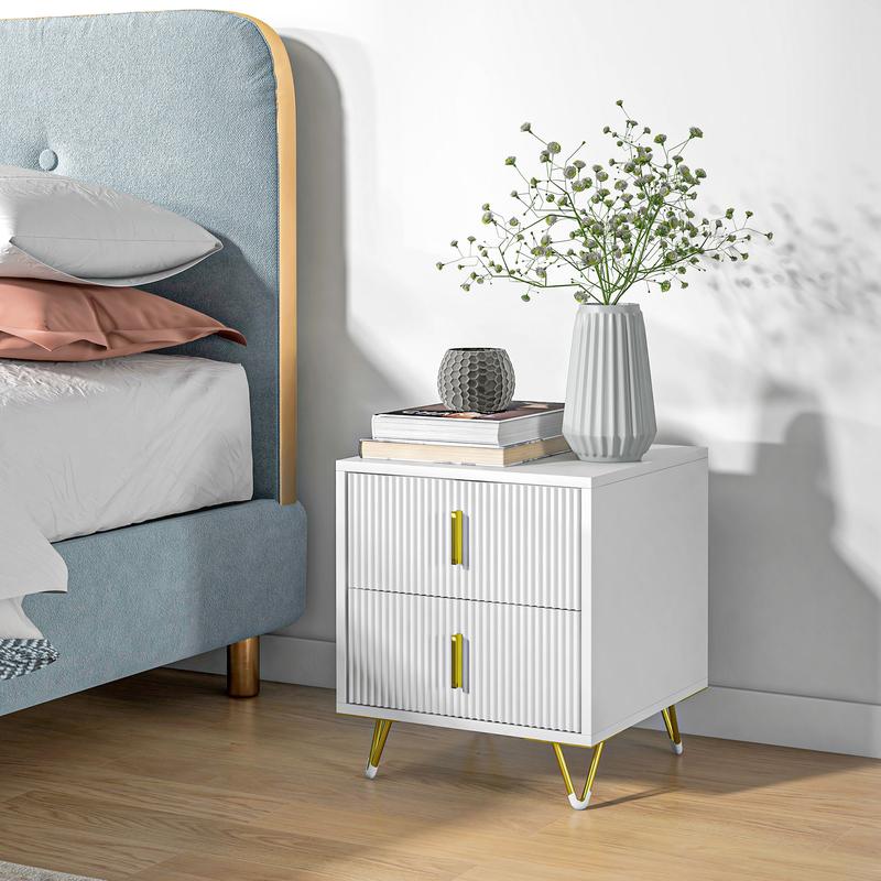 HOMCOM Bedside Table with 2 Drawers, Side End Table, Nightstand Bedside Cabinet with Metal Frame for Living Room, Bedroom, White 1