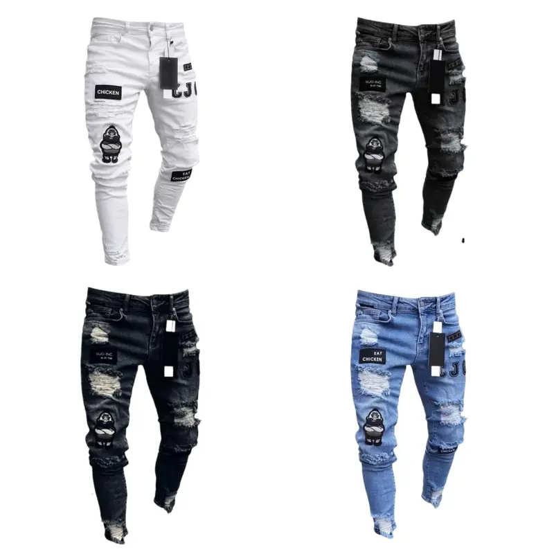 Fashion Men Slim Biker Ripped Long Denim Trousers Skinny Jeans Pocket Young Man's Jogging Pants Destroyed Stretchy Multiple color Pants 0