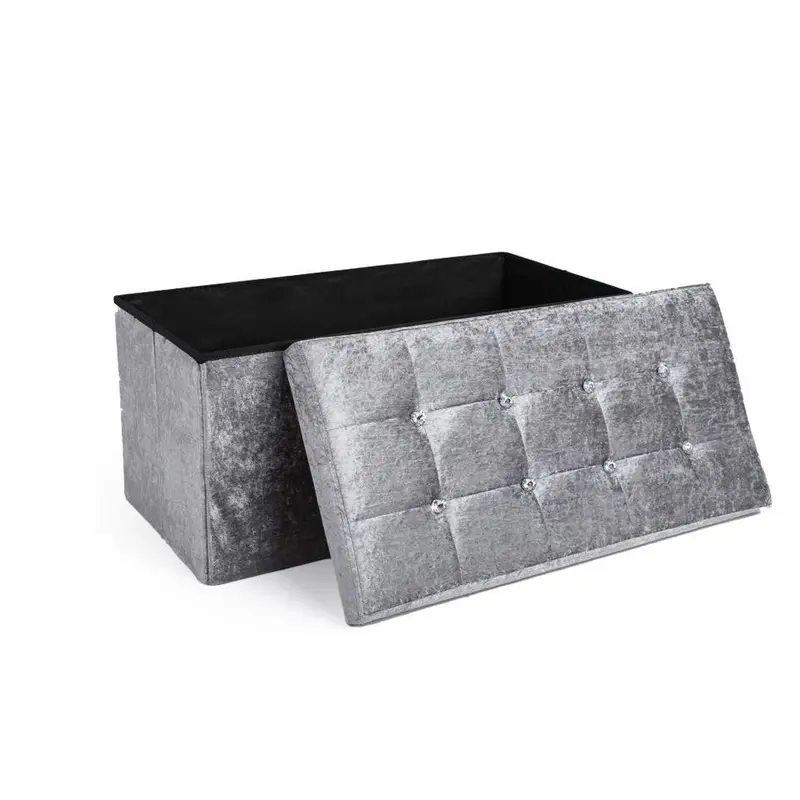 Crushed Velvet Diamante Ottoman Folding Storage Box Seat Foot Stool Bench 2 Size 1