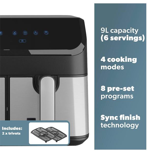 Daewoo Digital Double Drawer Air Fryer with Sync Function, Use Less Oil for Healthier Baking, Roasting and Grilling, 8 pre-set cooking Programs, 9 Liters, Family Sized, Black 3