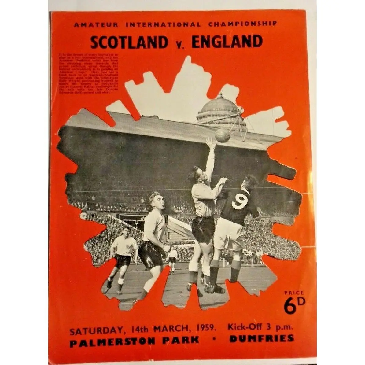 Scotland v England Programme Amateur International 14/3/1959 Palmerston Park.