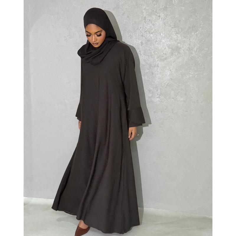 Dark Chocolate Tulip Sleeve Abaya in Cloche Cut 2