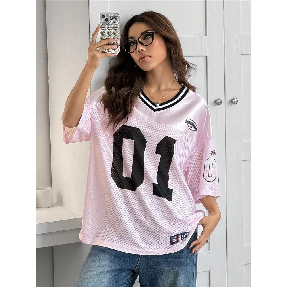 and digital, short sleeve loose color blocks sports ezwear tiktok casual t-shirt with printing fall shoulder