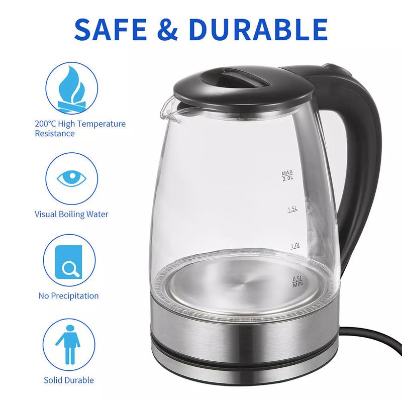1.8L Electric Kettle Glass 360 Blue LED Illuminated Jug with Auto Shut Off Protection 1