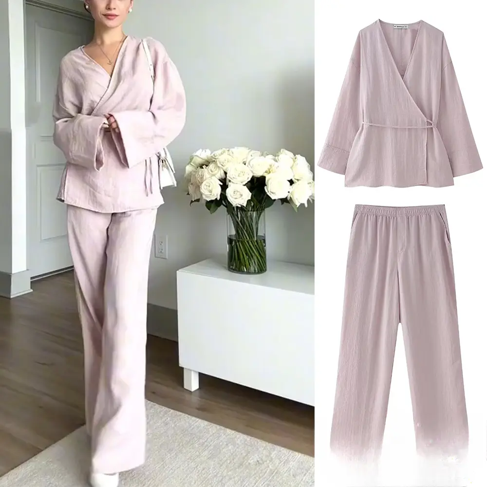 Women's 2-piece Retro Textured Double-breasted Kimono Style Coat + Elastic Waist Pockets And Pajama Style Loose Trousers-LY3