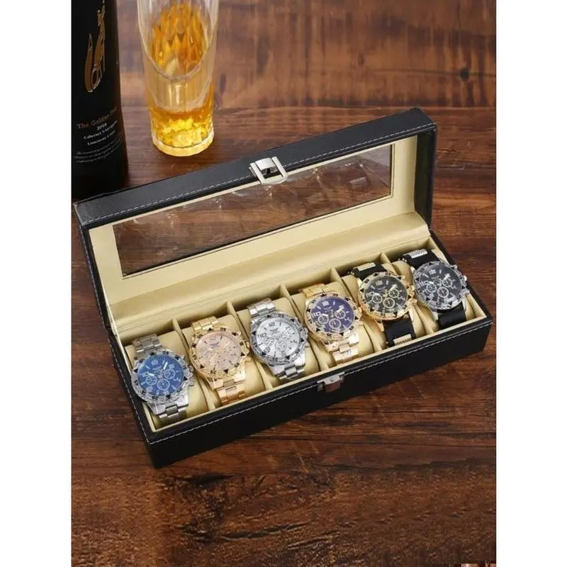Luxury 6-Slot Watch Box Organizer with Glass Top, Premium Black PU Leather Exterior, Soft Velvet Interior, Square Watch Display Case with Flip-Top Lid for Storage and Showcase Multicolor 3