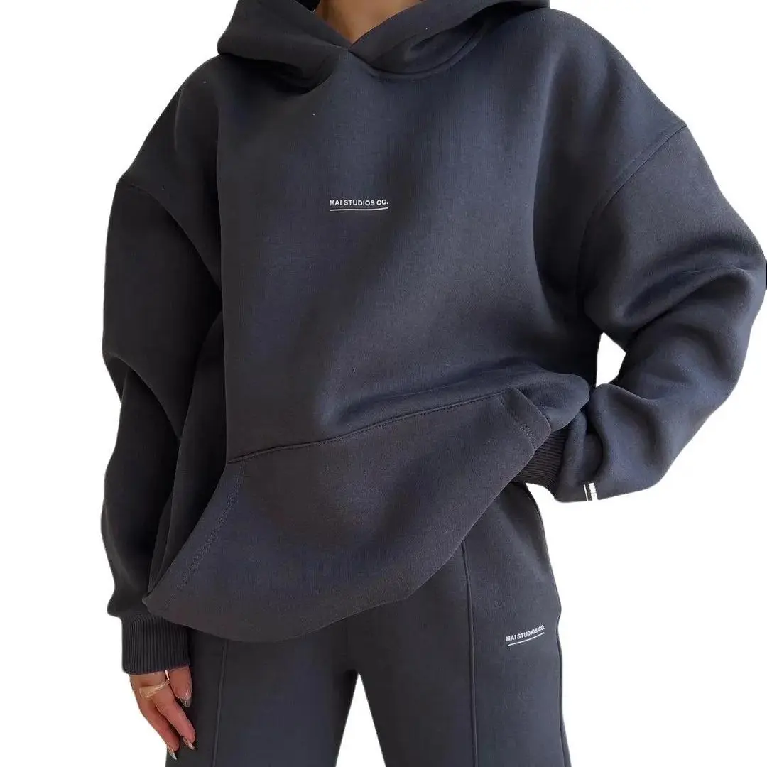 2024 Autumn And Winter New Casual Plus Fleece Long-Sleeved Printed Hoodie Pant Suit Women  Womenswear