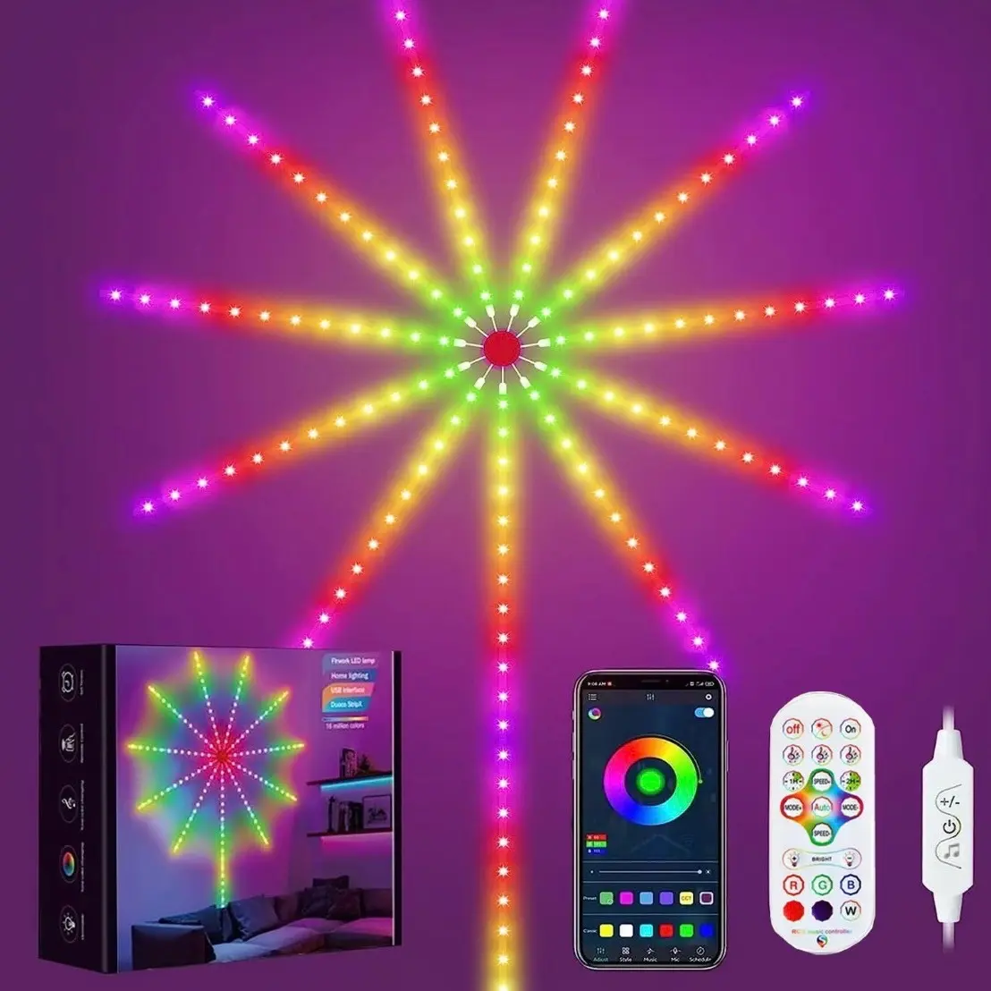Led firework light , remote control usb powered .