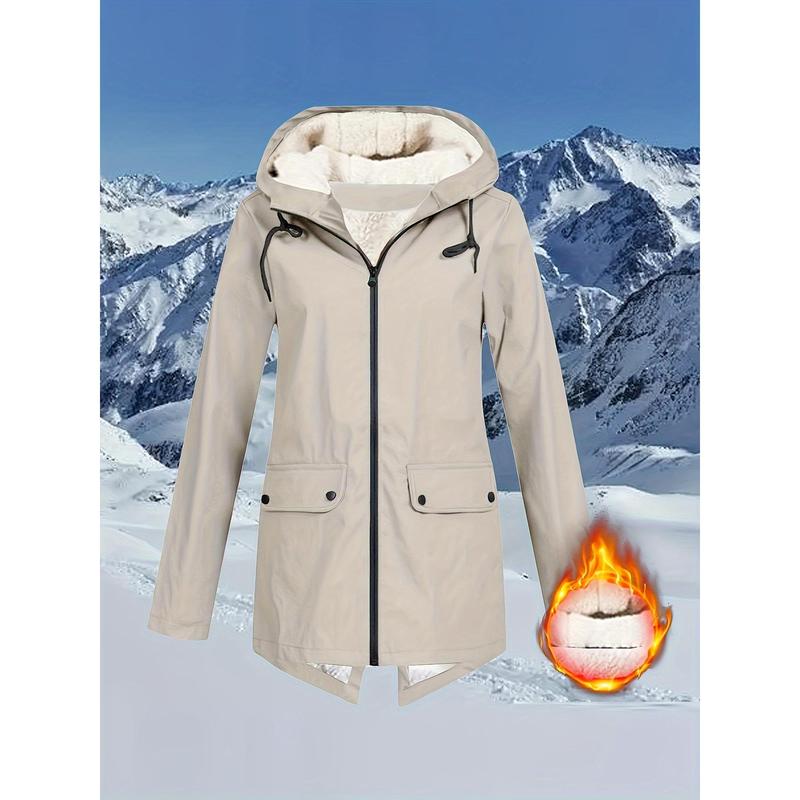 Flap Pockets Zip-up Hoodie Jacket, Casual Long Sleeve Drawstring Windbreaker Jacket For Fall & Winter, Women's Clothing Fabric Womenswear 0