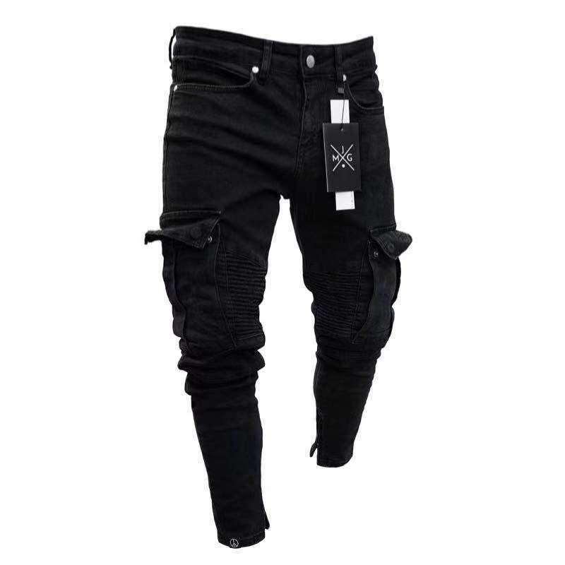 Spring Autumn Winter Men's Stretch Jeans Black Large Side Pocket Worker Jeans Fashion Zipper Skinny Jeans Stretch Jogging Pants Menswear Streetwear Trouser Denim 2