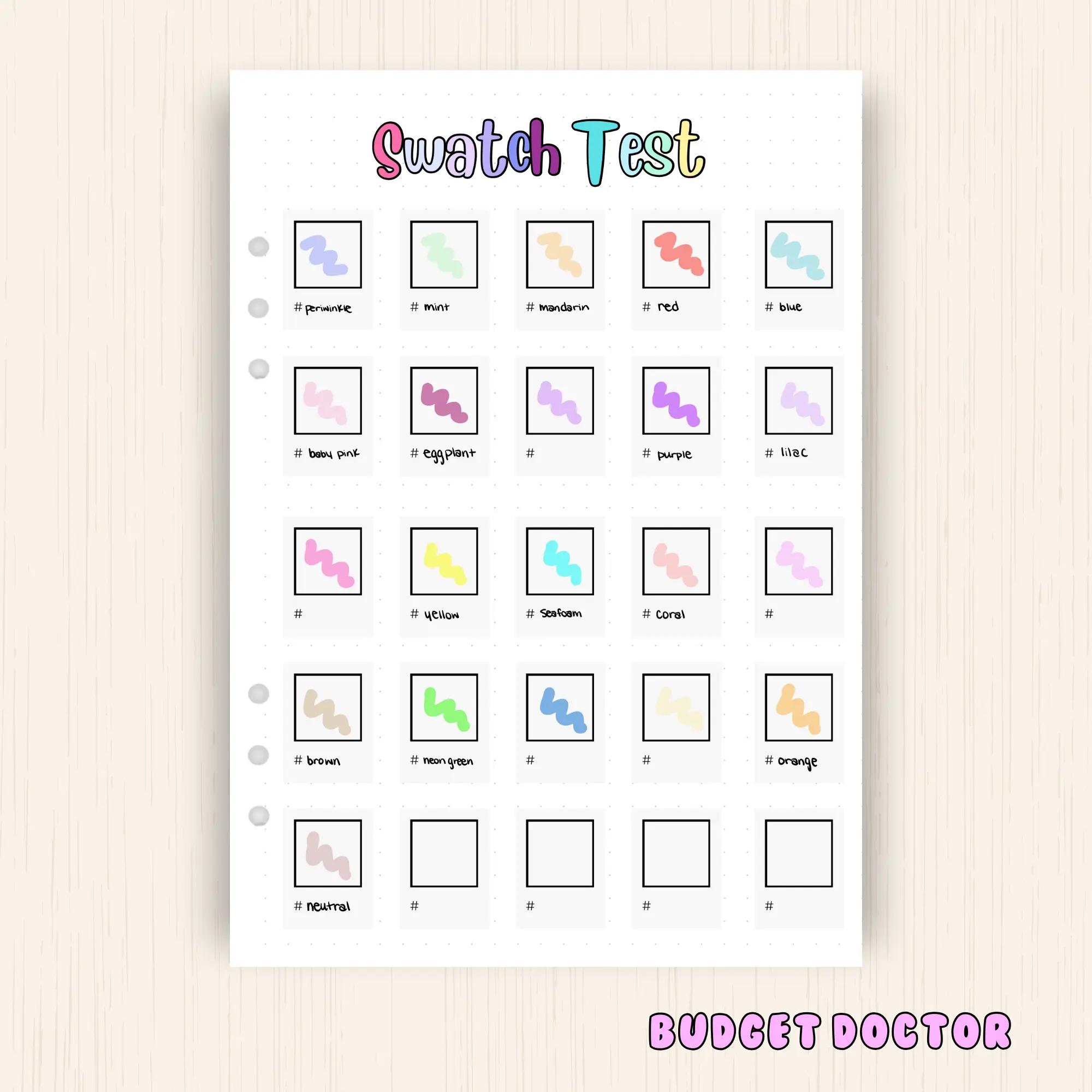 Swatch Test, a5 Cardstock Paper to fit in 6 ring planner journal