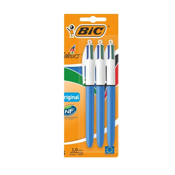 BIC 4 Colours Original Pens, Multi Coloured Pens All In One, Biro Pens, Medium 1.0mm, Green, Blue, Red, Black, 3 Pens Per Pack, 1 Pack