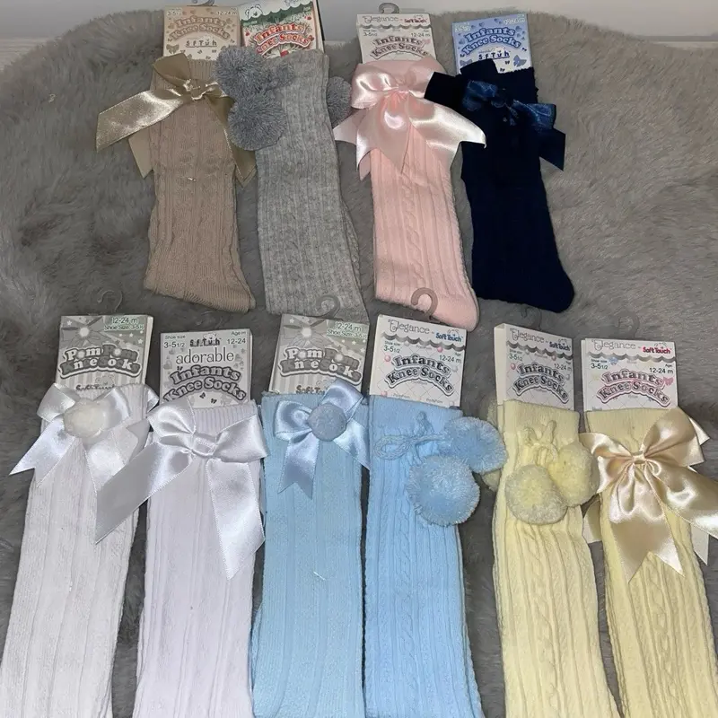 Knee High Socks with Bow & Pom Pom - Different colours