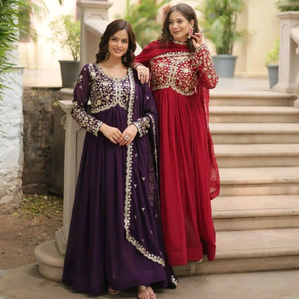 Sunehri embroidered gorgette maxi dress with embroidered dupatta.