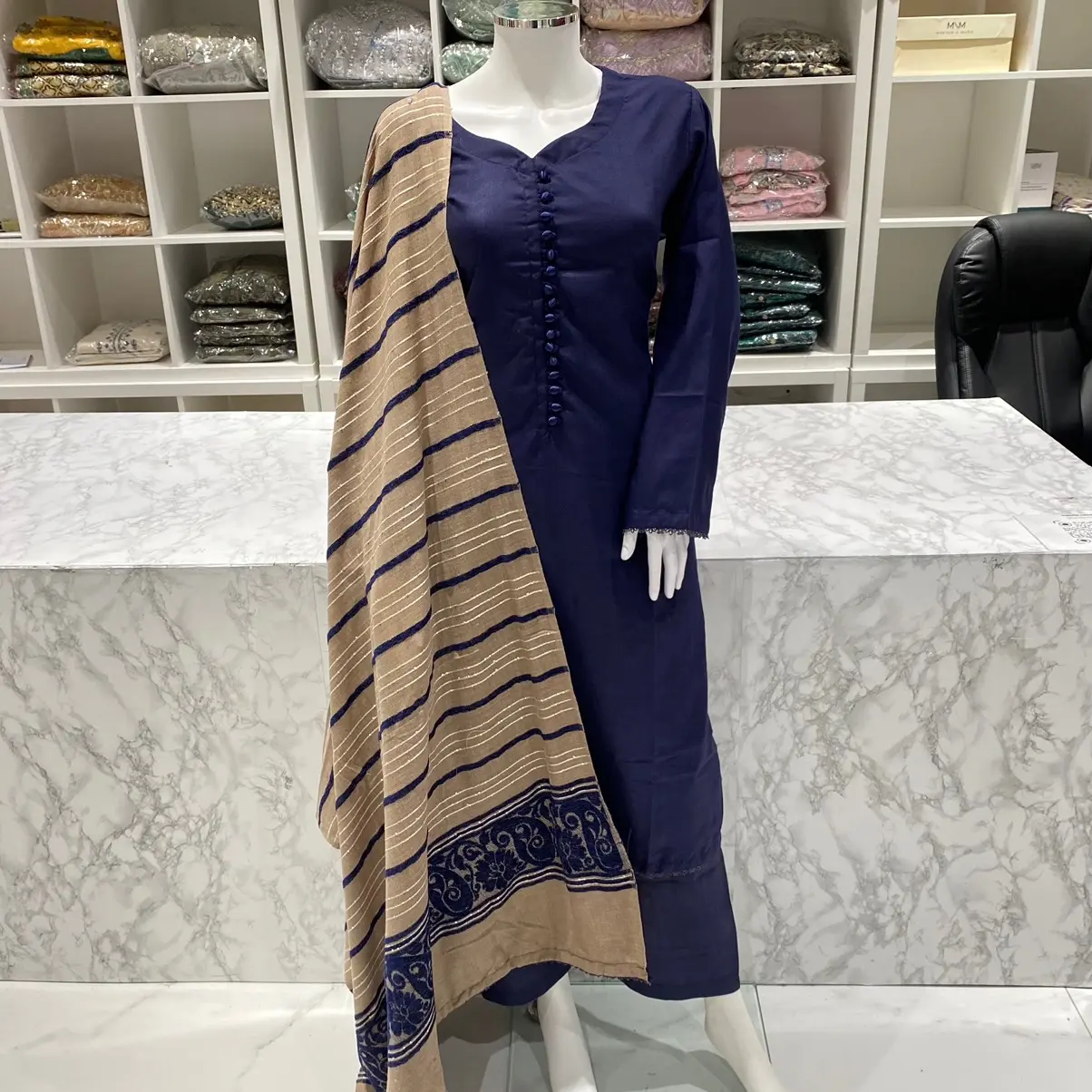 Navy plain winter suit with velvet wool shawl