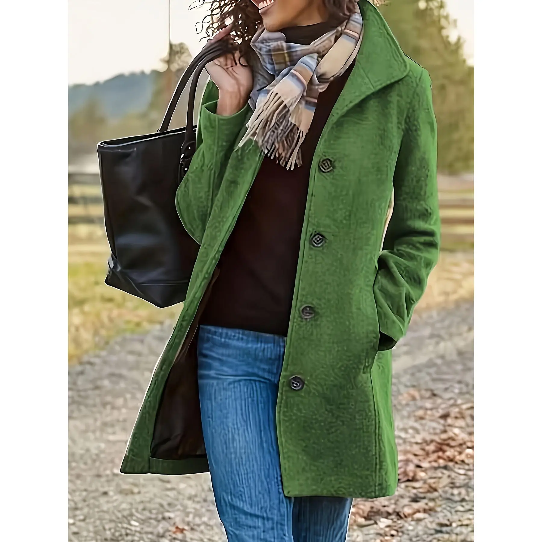 Solid Color Single Breasted Overcoat, Casual Long Sleeve Outerwear For Fall & Winter, Women's Clothing