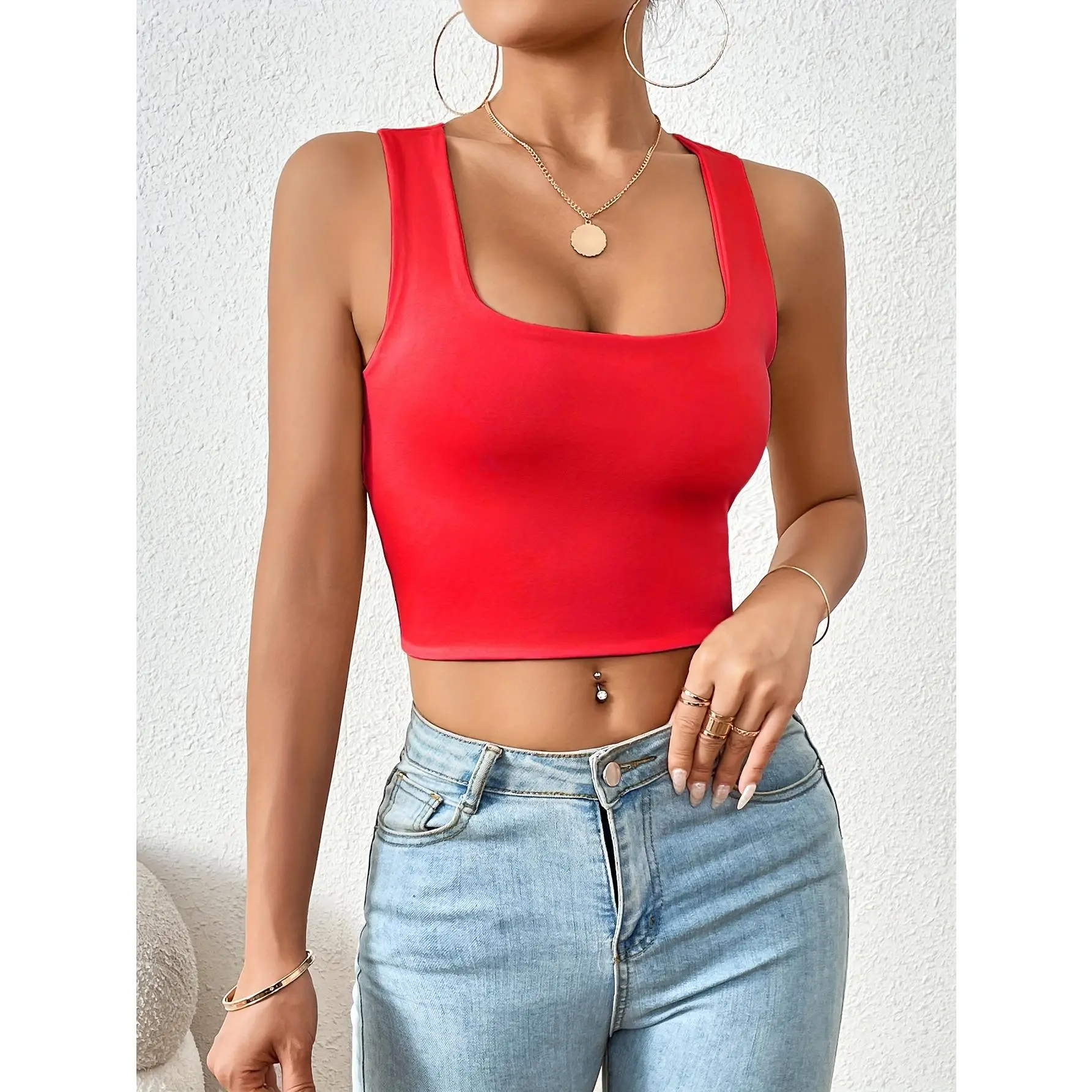 Women's Stretchy Square Neck Sleeveless Crop Top - Black, Casual Knit Tank Top for Spring/Summer/Fall, Machine Washable, Spandex/Polyester Blend, Smooth Fabric, Perfect for Casual Attire, Casual Wear Top |   Sleeveless Top |   Polyester Top, Crop Top Blou