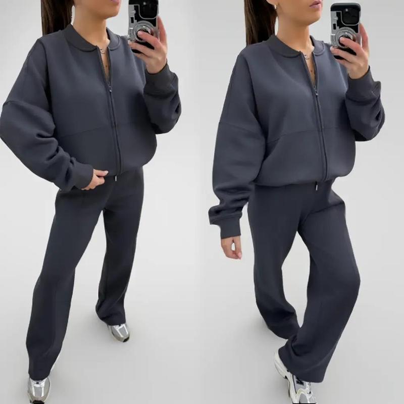 Women's Fleece Lined Oversized Zip Up Bomber Jacket And Pleated Straight Leg Pants Joggers Drawstring Trousers Two Piece Co-Ord Lounge Jogging Tracksuit Set Ladies Oversize Comfy Loungewear Womenswear Everyday Overall 5