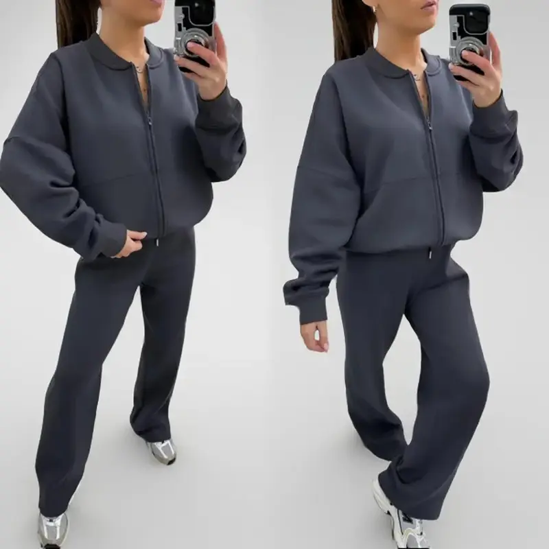 Women's Fleece Lined Oversized Zip Up Bomber Jacket And Pleated Straight Leg Pants Joggers Drawstring Trousers Two Piece Co-Ord Lounge Jogging Tracksuit Set Ladies Oversize Comfy Loungewear Womenswear Everyday Overall 5