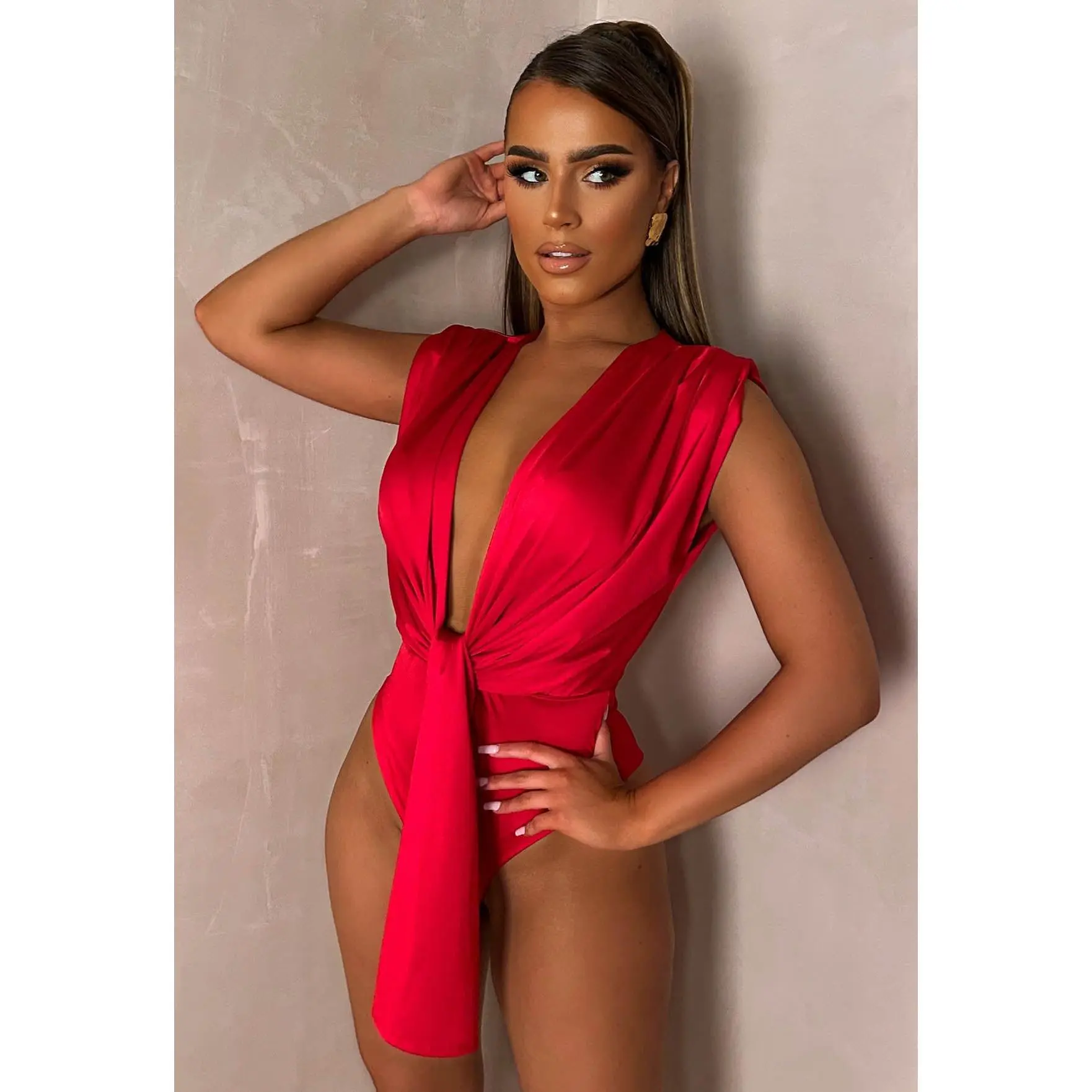 Twist of Faith Red Stretch Sleeveless Plunge Bodysuit