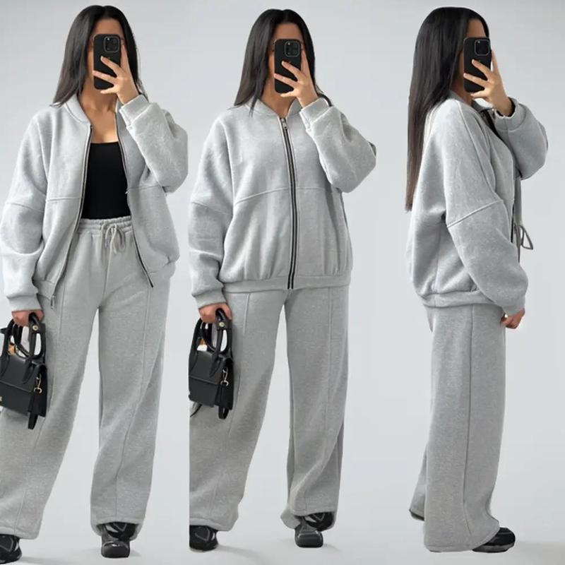 Women's Fleece Lined Oversized Zip Up Bomber Jacket And Pleated Straight Leg Pants Joggers Drawstring Trousers Two Piece Co-Ord Lounge Jogging Tracksuit Set Ladies Oversize Comfy Loungewear Womenswear Everyday Overall 3