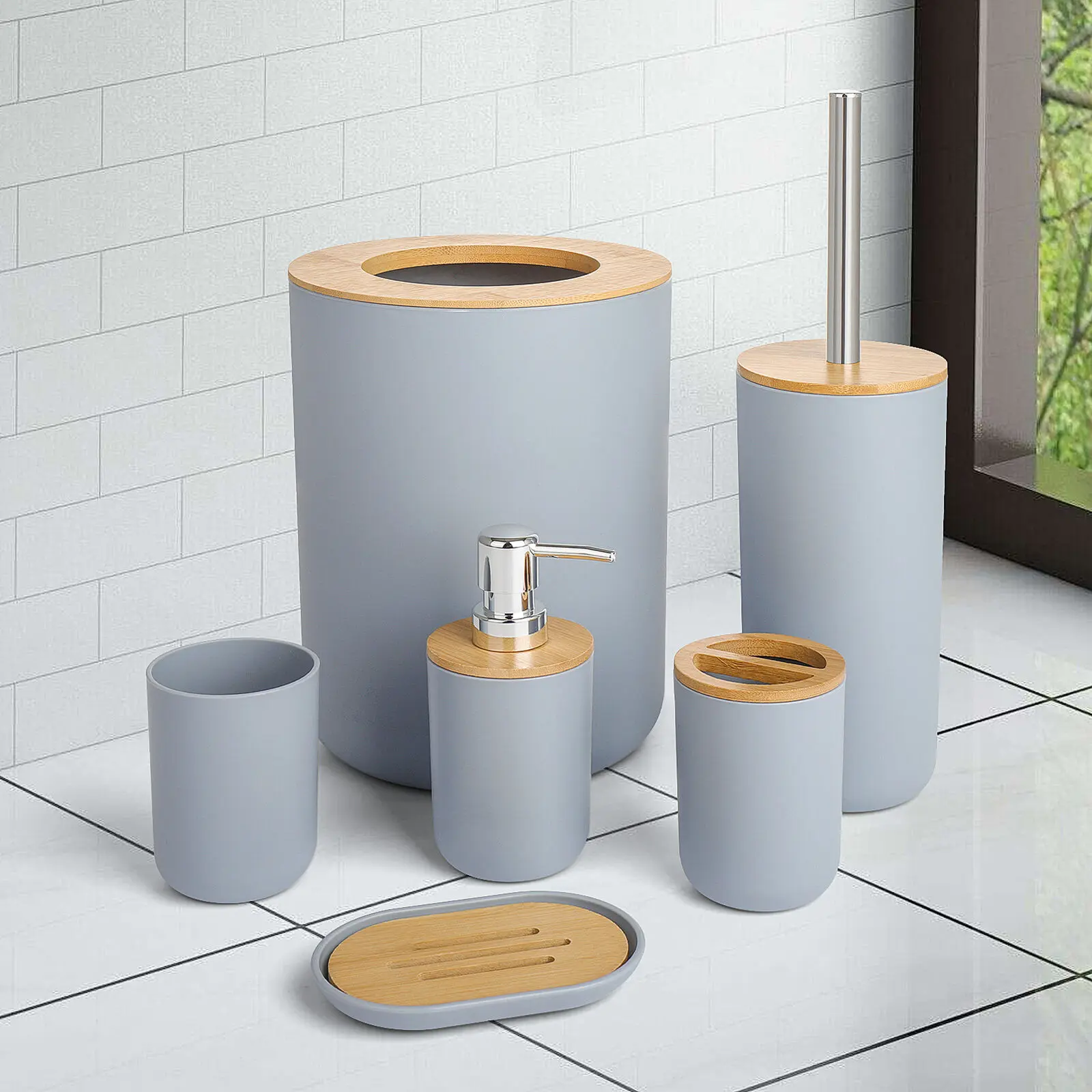 6pcs Bathroom Accessories Set - Soap Dispenser, Tumbler, Toothbrush, Toilet Brush