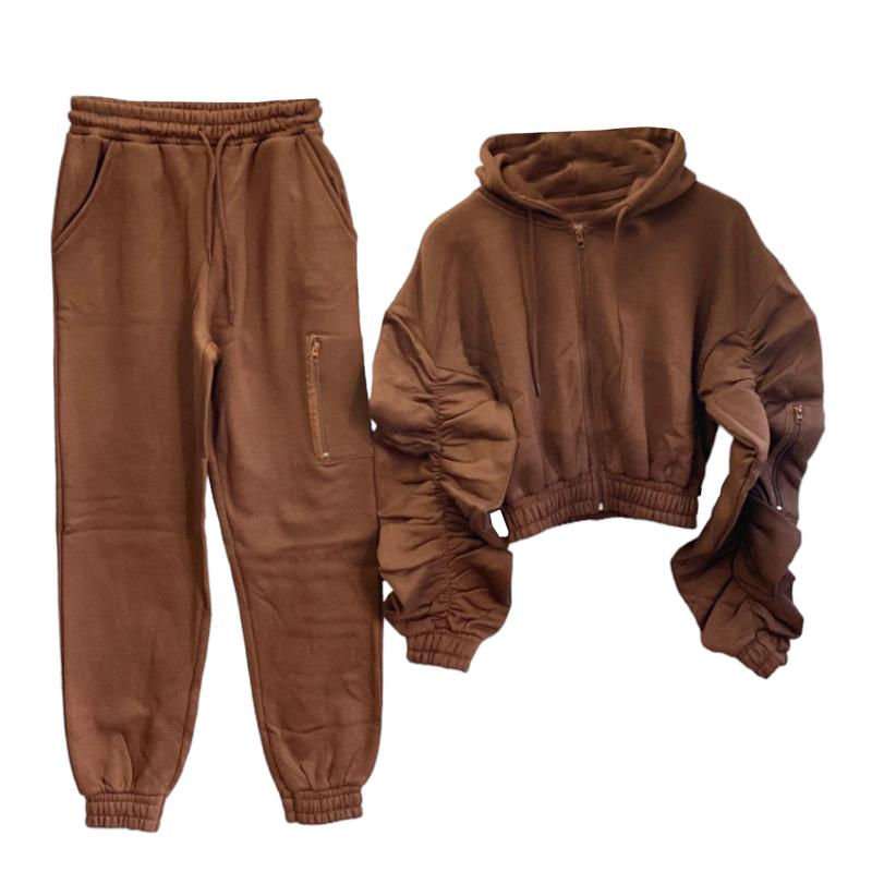 Women's Crop Rushed Hooded Zip set Oversized 2 Piece Loungewear Tracksuit Co-Ord Joggers  Top Set Size 8-16 Comfort Long Sleeve Womenswear Breathable Casual Comfortable Fitness Pants Coat Drawstring Pockets Soft Stretchy  Trouser Fabric viral  lounge 6