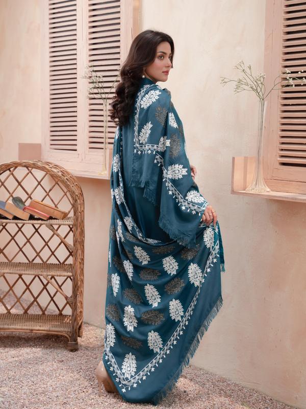 Eyanas -  Dhanak teal plain suit with embroidered shawls 3pc readymade 1