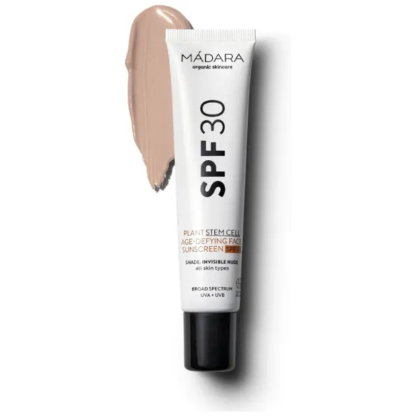 MÁDARA Organic Skincare | Plant Stem Cell Age-Defying Face Sunscreen SPF30-40ml, Tinted mineral sunscreen, Broad spectrum UVA/UVB, Reef-safe sunscreen, No white cast, COSMOS Natural certified