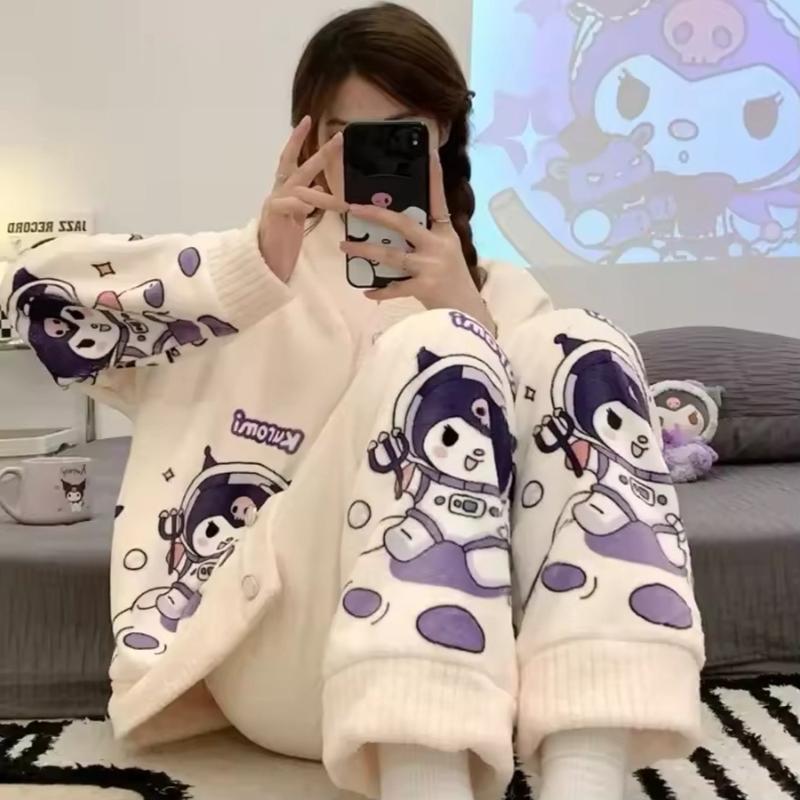 Kulomie Women's Winter Coral Fleece Hello Kitty Cartoon Loungewear Set - Womenswear, Clothing Suits Comfort Pajama Set Long Sleeve Comfortable Nightwear Casual Cute Flannel Style Homewear Pjs Longsleeves 1