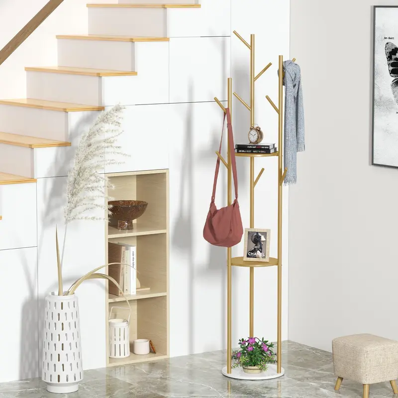 Marble Metal Coat Rack Freestanding with 3 Storage Shelves and 9 Hooks, Enterway Hall Tree for Hanging Coats, Jackets, Hats, Bag Hanger Organiser Hangable Room Installation 2